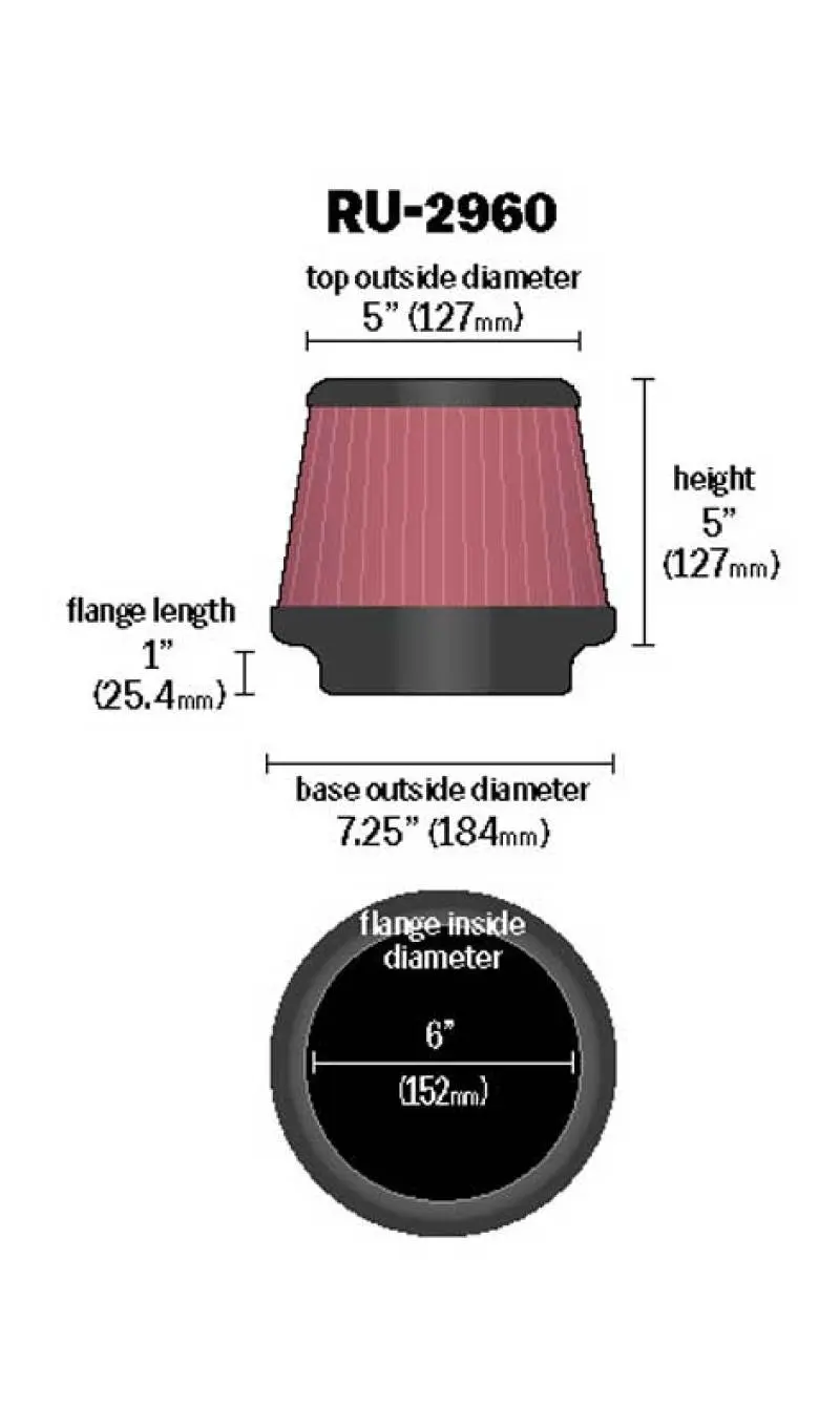 K&N KNNRU-2960 Universal Tapered Filter 6in Flange ID X 7.5in Base OD X 5in Top OD X 5in Height №4