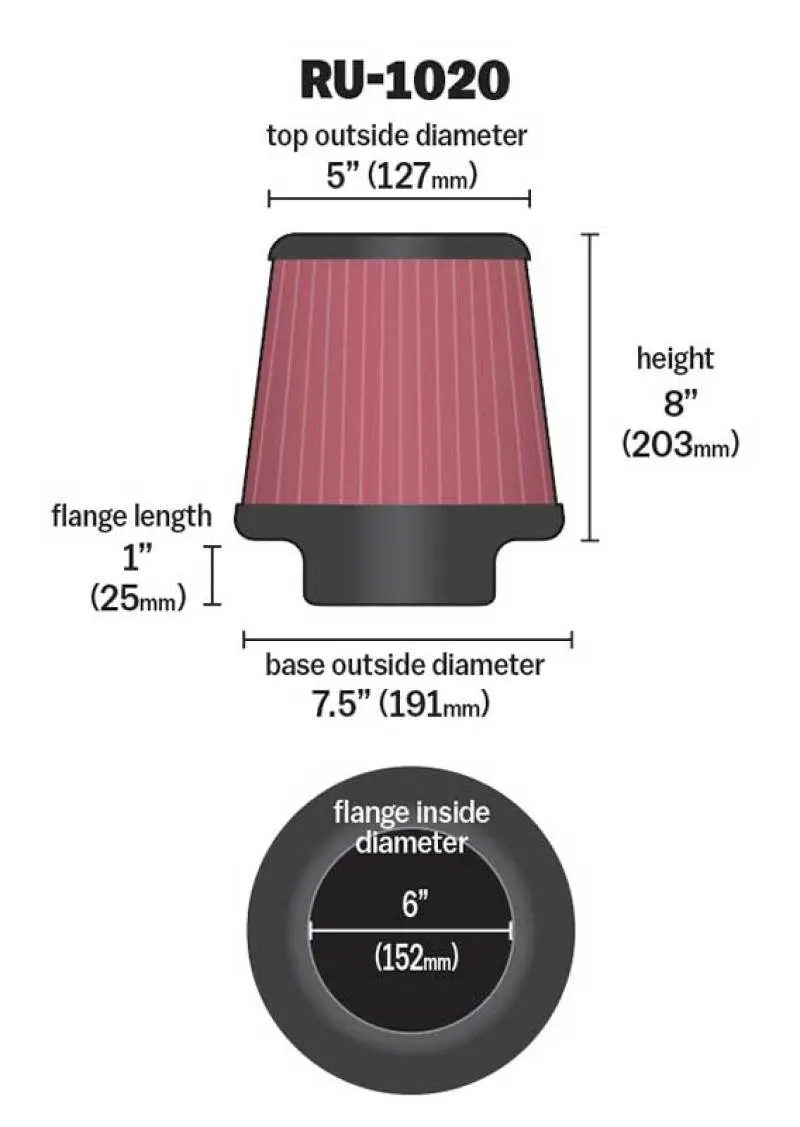 K&N KNNRU-1020 Universal Tapered Filter 6in Flange ID X 7.5in Base OD X 5in Top OD X 8in Height №4