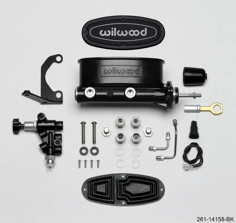 Wilwood WIL261-14158-BK HV Tandem M/C Kit W L/H Bracket & Prop Valve - 15/16in Bore Black-W/Push. - Early Mustang